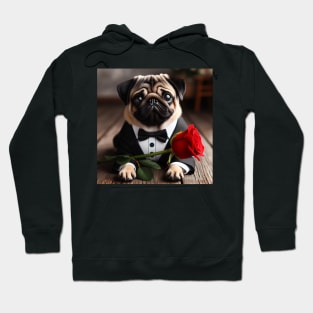 Sad pug dog in tuxedo suit and bow tie with red rose Hoodie